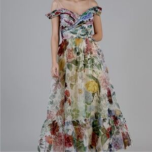 Anthropologie One-Shoulder Floral Maxi Dress in Cream with Multicolor Blooms